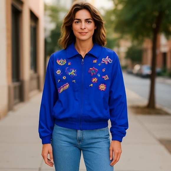Vintage Strictly Silk Blue Embroidered Jacket โ M 90s Festival Windbreaker - Picture 5 of 6
